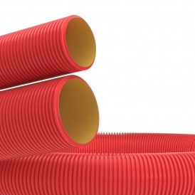 Двустенная труба ПНД гибкая для кабельной канализации д.50мм с протяжкой, SN13, 250Н,  в бухте 100м, цвет красный